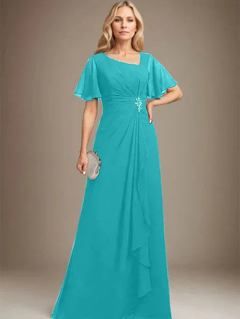 A-line Asymmetrical Floor-Length Chiffon Mother of the Bride Dress With Pleated Beading Sequins