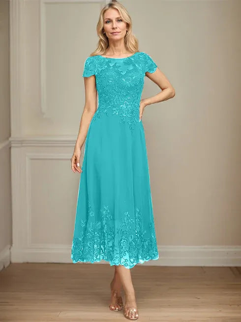 A-line Illusion Scoop Tea-Length Lace Chiffon Mother of the Bride Dress With Sequins