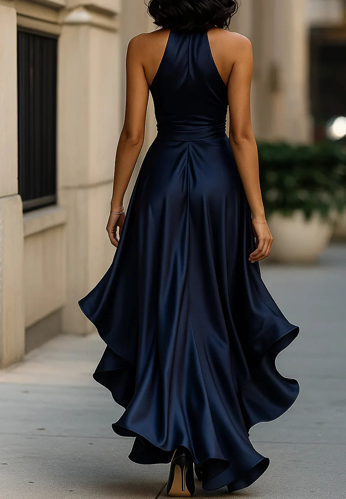 V-Neck Sleeveless Ruched High-Low Satin Evening Dress