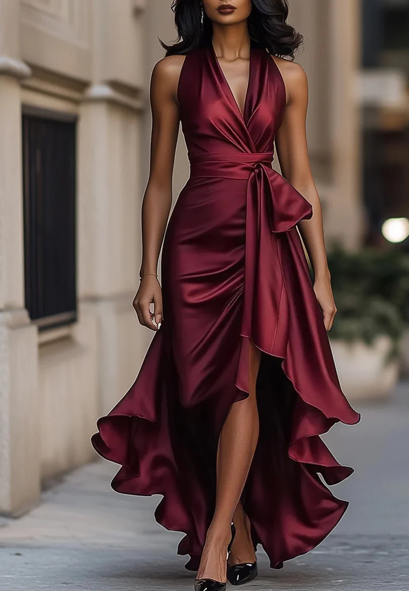 V-Neck Sleeveless Ruched High-Low Satin Evening Dress