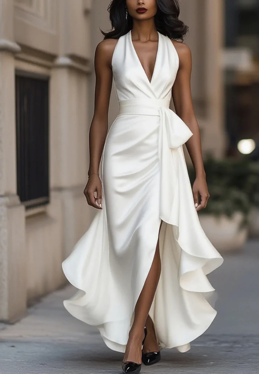 V-Neck Sleeveless Ruched High-Low Satin Evening Dress