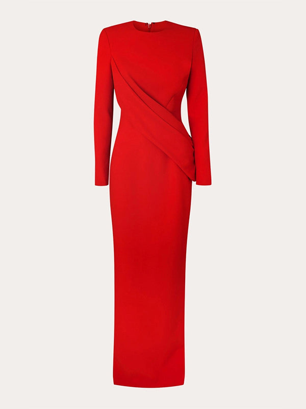 Red Sheath/Column Scoop Long Sleeves Chiffon Floor-Length Ruffles Formal Dress