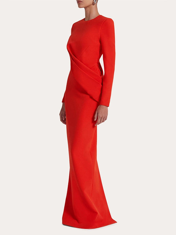 Red Sheath/Column Scoop Long Sleeves Chiffon Floor-Length Ruffles Formal Dress