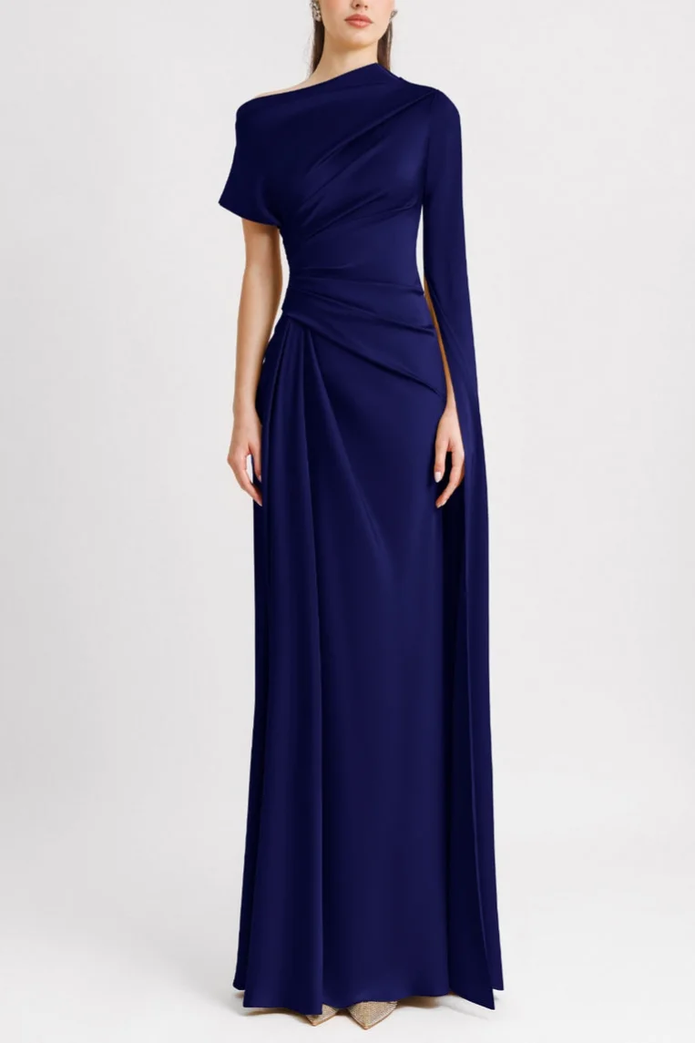 Satin Asymmetrical Neckline Draped Maxi Dress