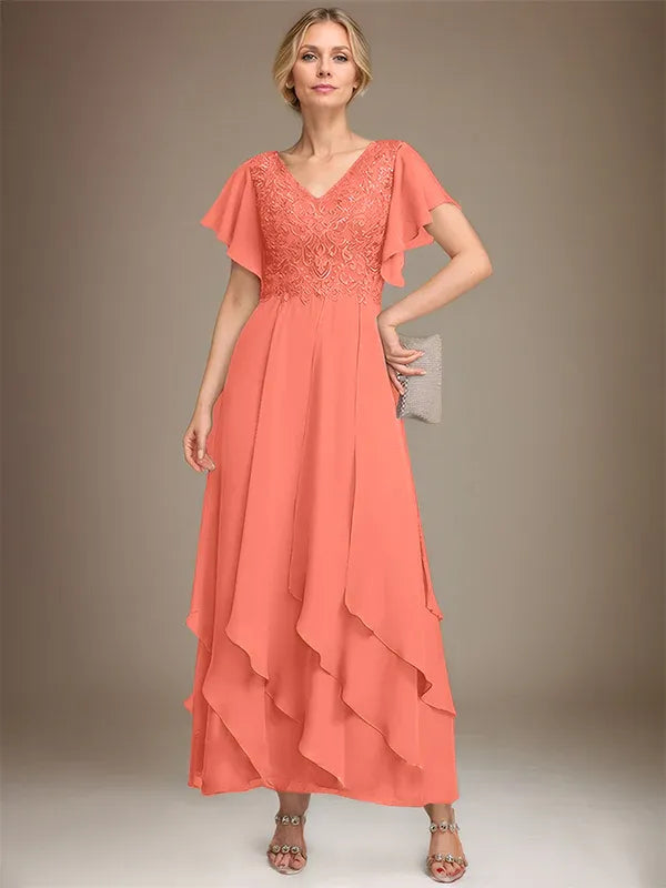 A-line V-Neck Ankle-Length Lace Chiffon Mother of the Bride Dress With Cascading Ruffles