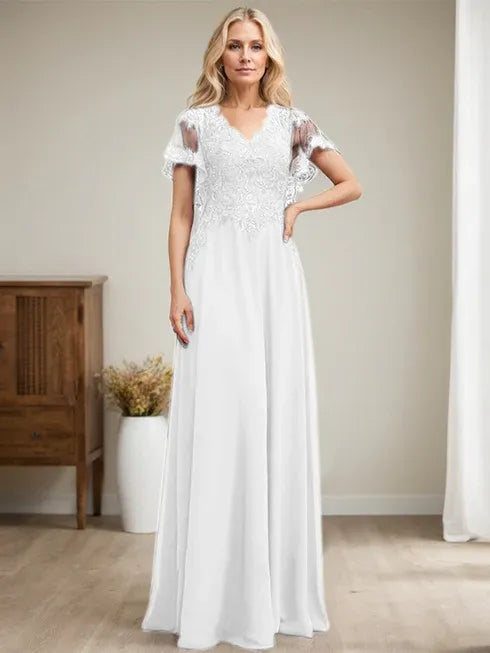 A-line V-Neck Floor-Length Lace Chiffon Mother of the Bride Dress With Sequins