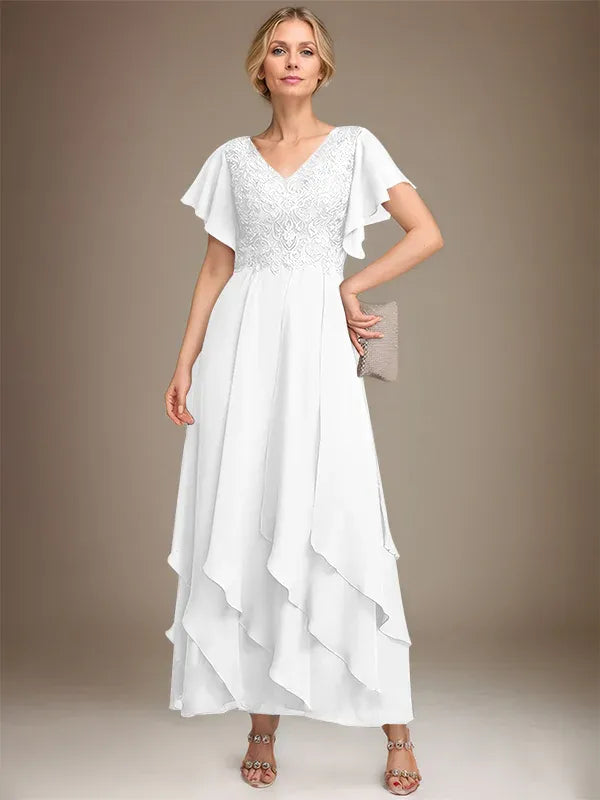 A-line V-Neck Ankle-Length Lace Chiffon Mother of the Bride Dress With Cascading Ruffles