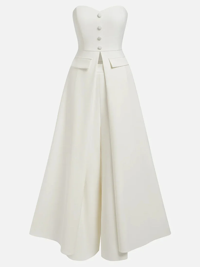 Strapless Sleeveless Button Detailed A-Line Evening Gown