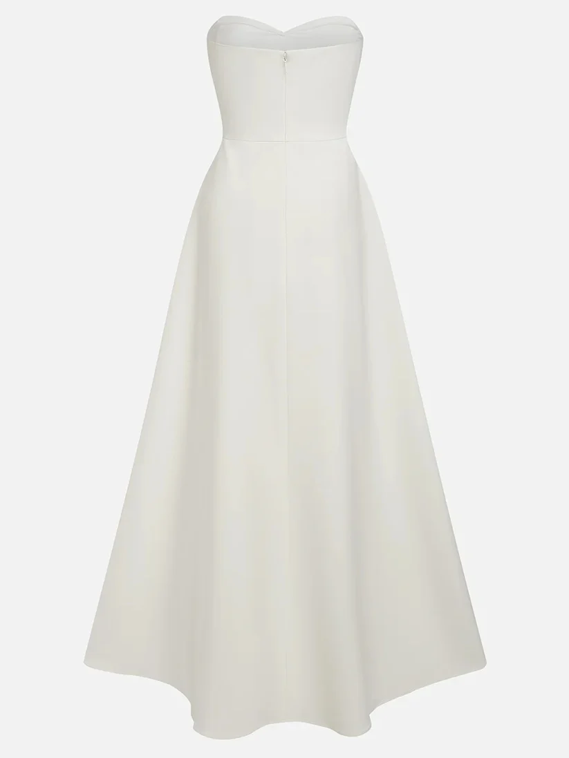 Strapless Sleeveless Button Detailed A-Line Evening Gown
