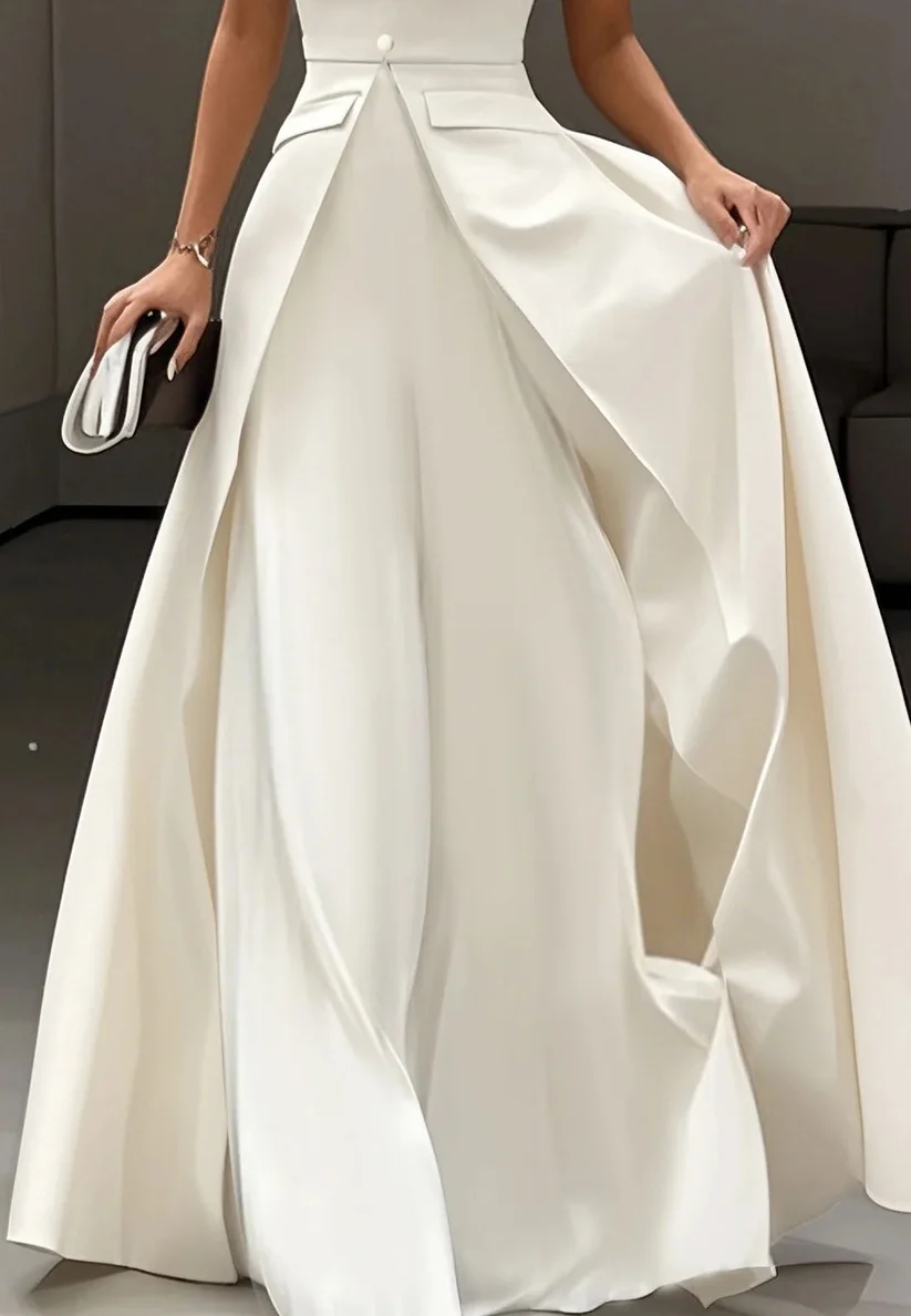 Strapless Sleeveless Button Detailed A-Line Evening Gown