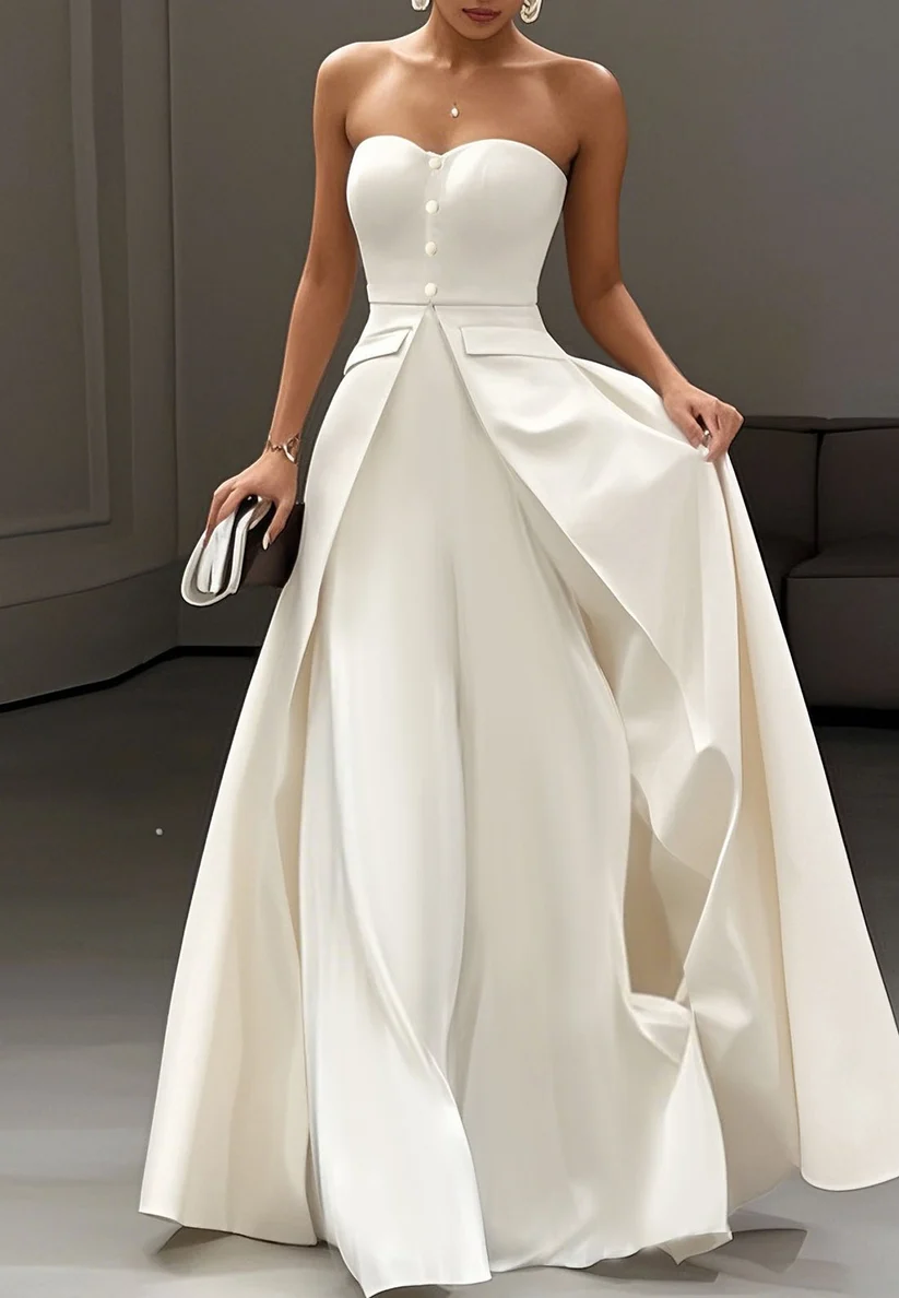 Strapless Sleeveless Button Detailed A-Line Evening Gown