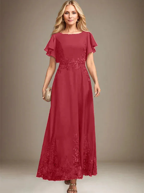A-line Scoop Ankle-Length Lace Chiffon Mother of the Bride Dress With Sequins