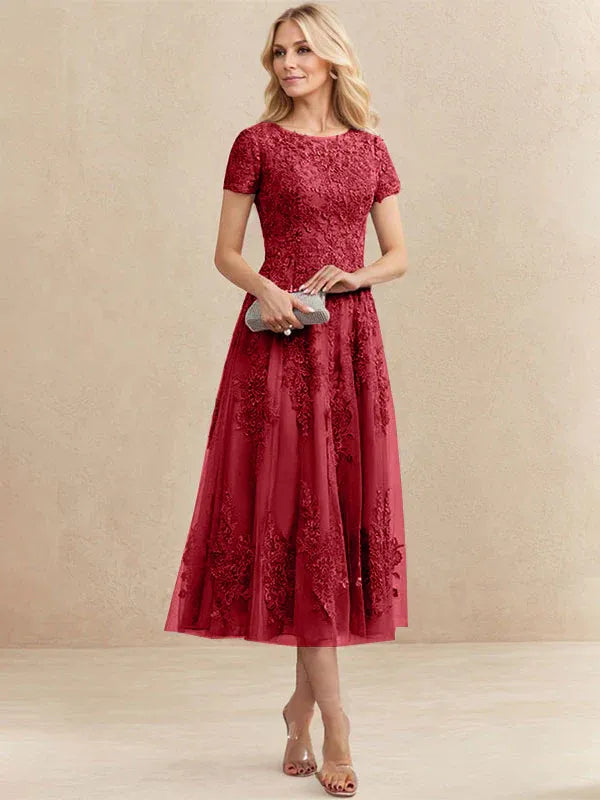 A-line Scoop Tea-Length Tulle Lace Mother of the Bride Dress