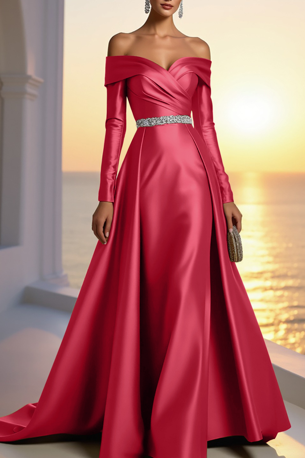 Formal Gold Satin Dress Off The Shoulder Long Sleeve Maxi Gown