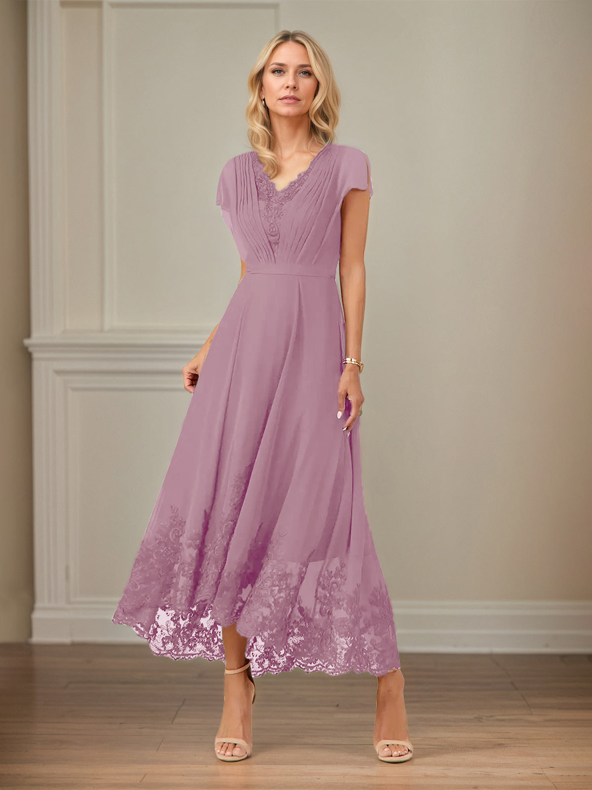 A Line V Neck Flutter Sleeve Ankle Length Chiffon Dress With Appliques