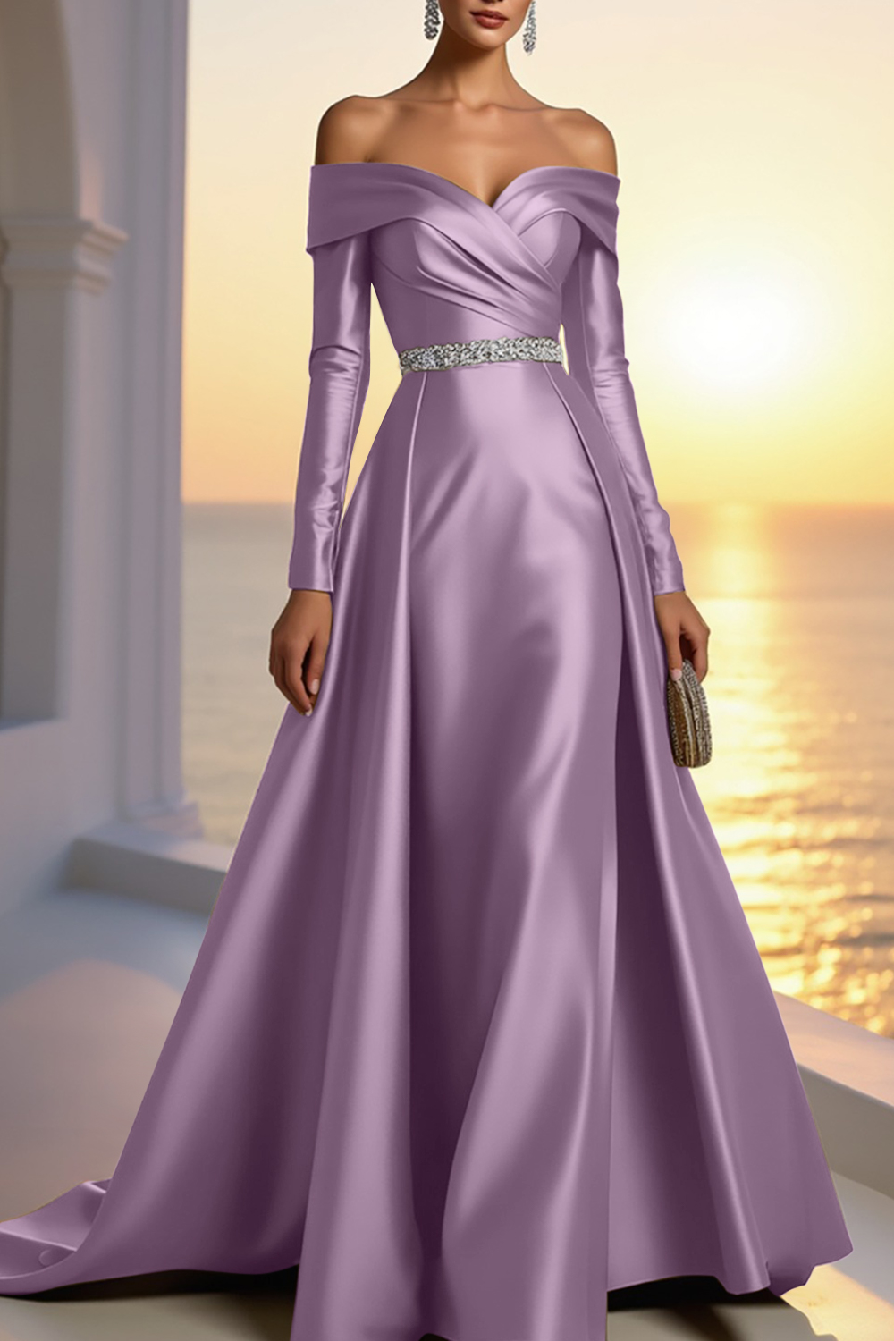 Formal Gold Satin Dress Off The Shoulder Long Sleeve Maxi Gown