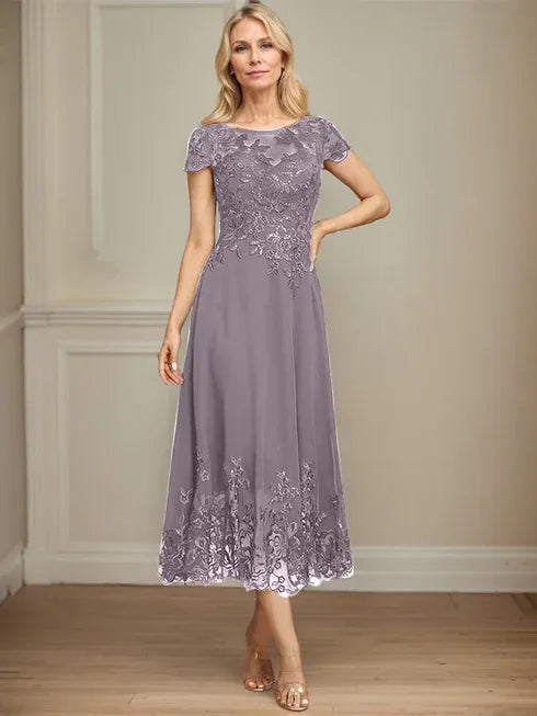 A-line Illusion Scoop Tea-Length Lace Chiffon Mother of the Bride Dress With Sequins