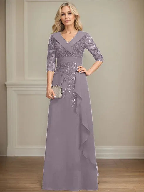 A-line Collared V-Neck Floor-Length Lace Chiffon Mother of the Bride Dress With Sequins Cascading Ruffles