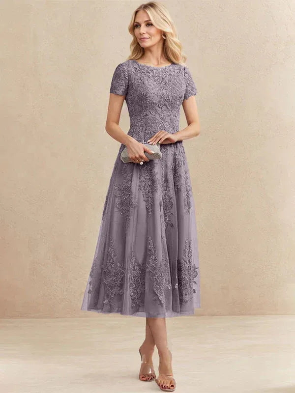 A-line Scoop Tea-Length Tulle Lace Mother of the Bride Dress