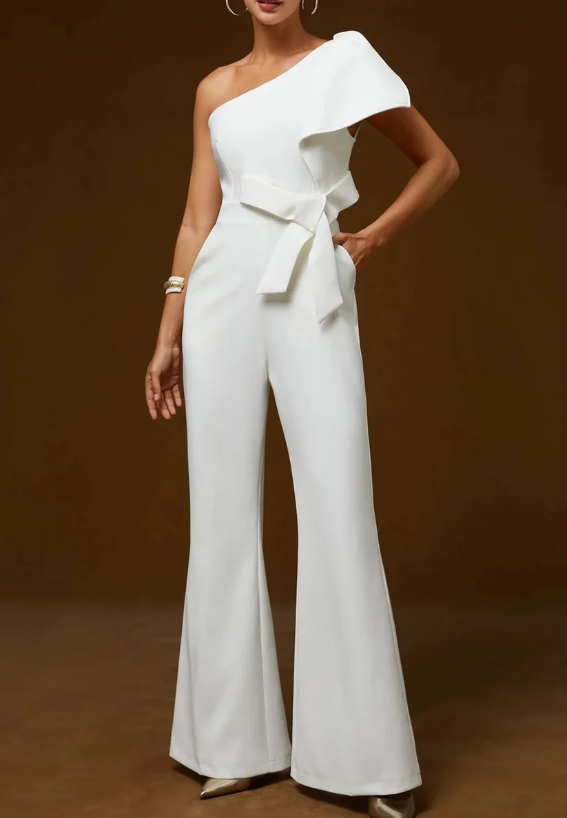 One-Shoulder Bow Wide-Leg Jumpsuit