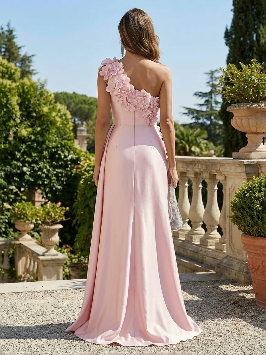 One-Shoulder 3D Floral Applique Maxi Dress   