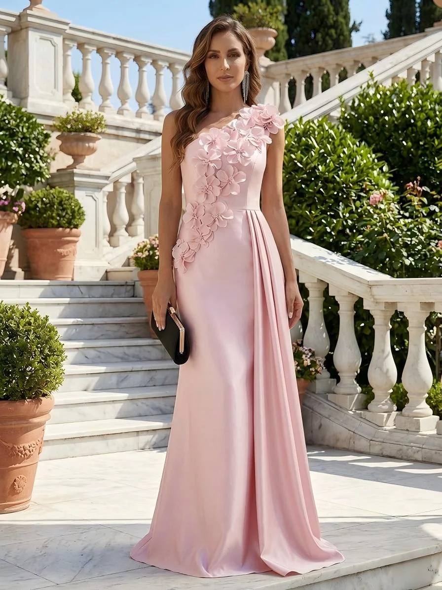One-Shoulder 3D Floral Applique Maxi Dress   