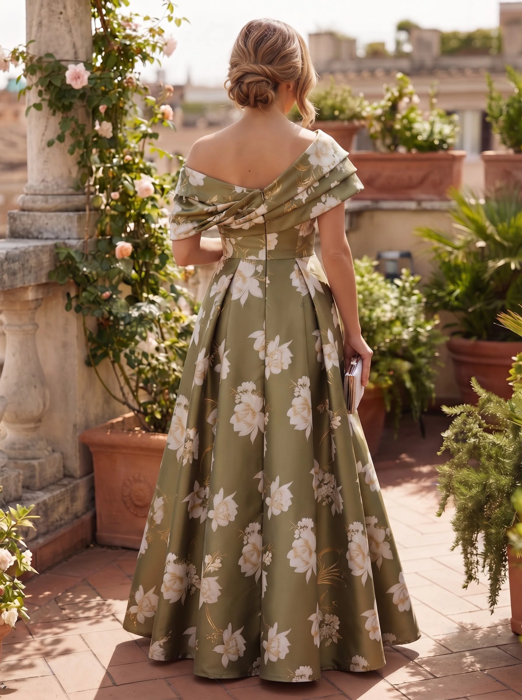 Off-Shoulder Draped Satin Evening Gown With Floral Print