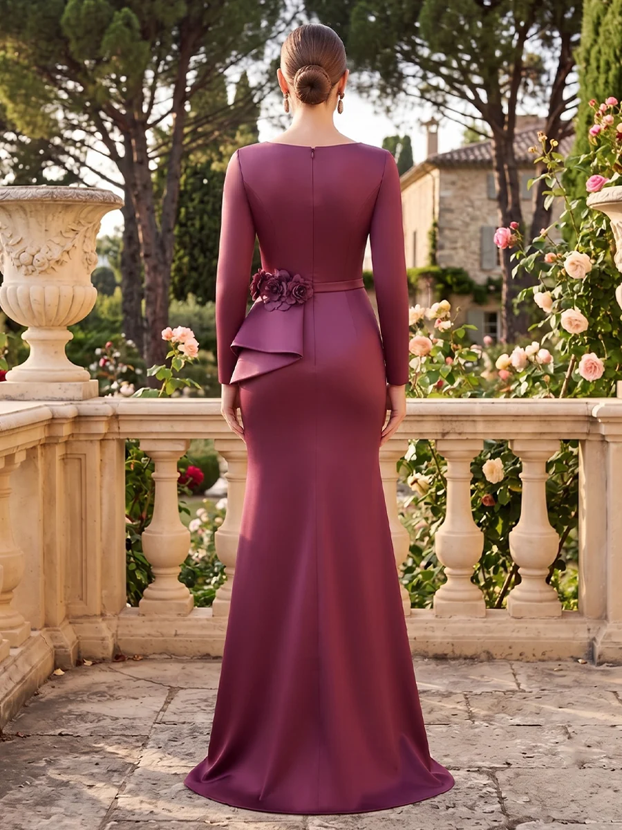 Long Sleeve Satin Evening Gown With 3D Floral Applique
