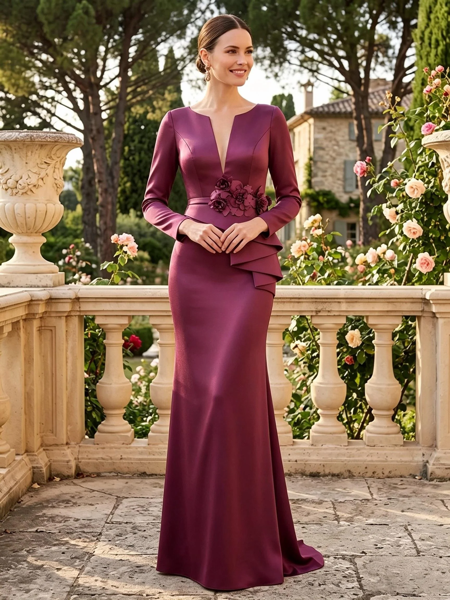 Long Sleeve Satin Evening Gown With 3D Floral Applique