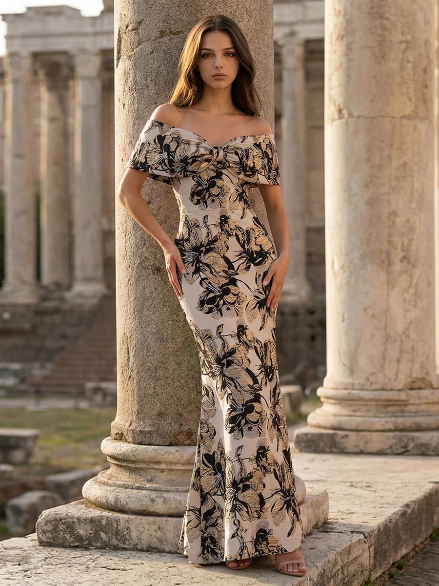 Off-Shoulder Bow Front Jacquard Evening Gown