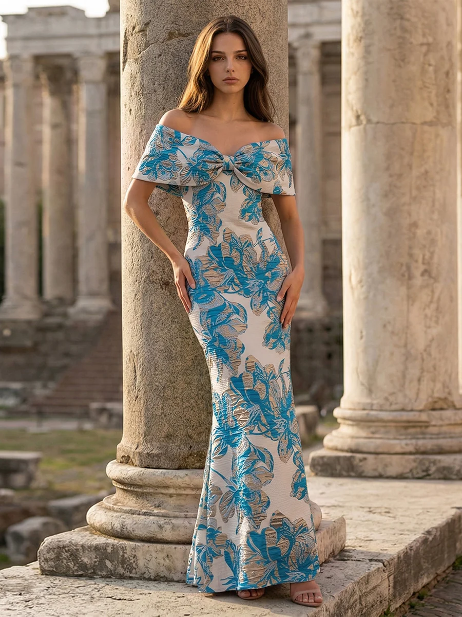 Off-Shoulder Bow Front Jacquard Evening Gown