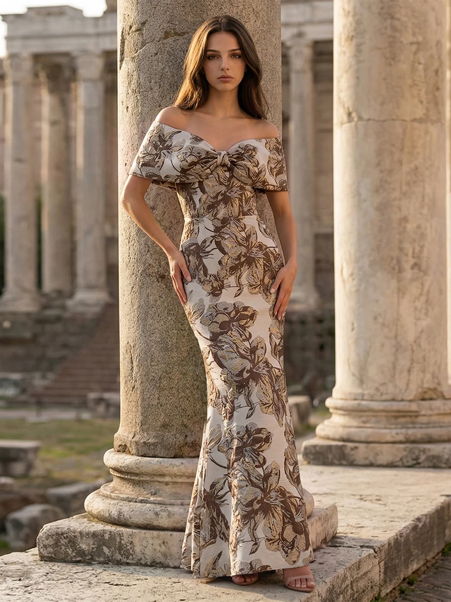 Off-Shoulder Bow Front Jacquard Evening Gown