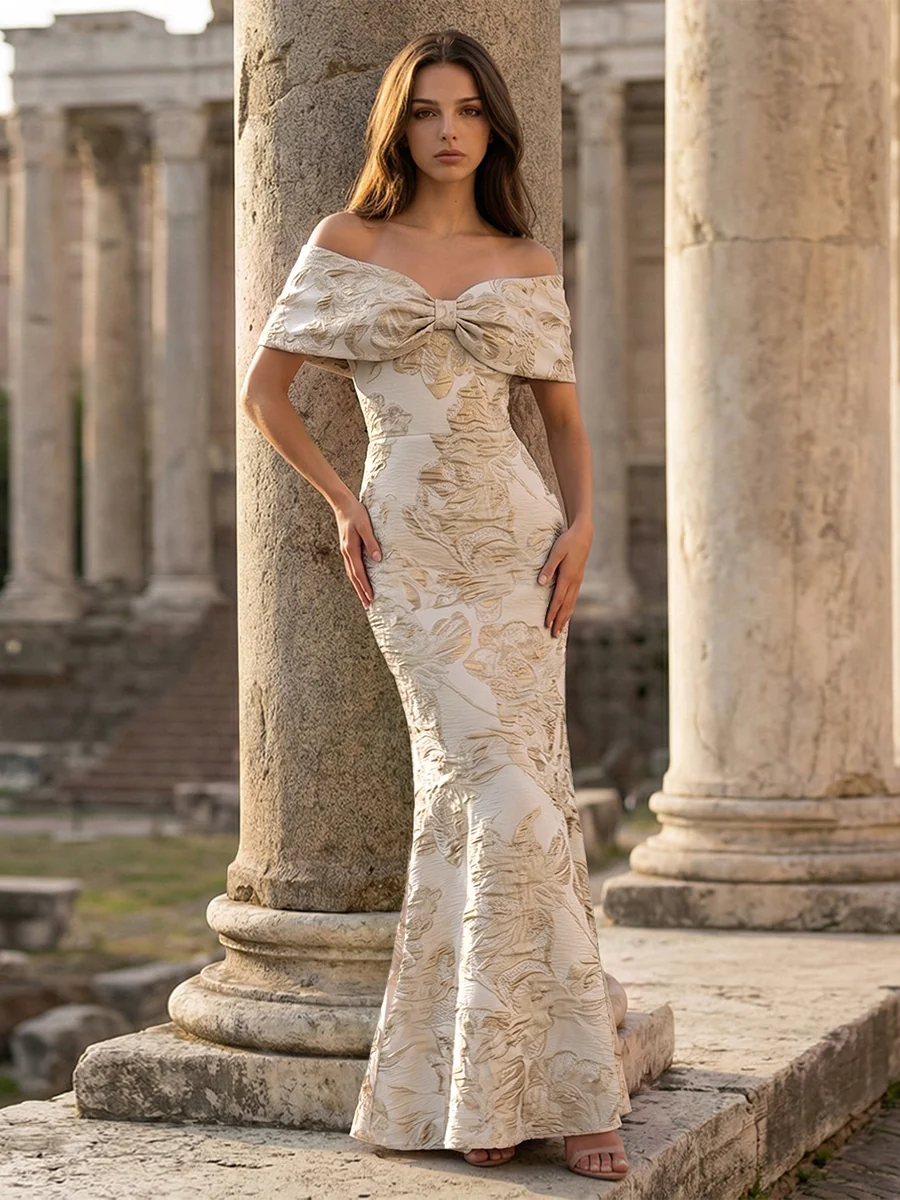 Off-Shoulder Bow Front Jacquard Evening Gown