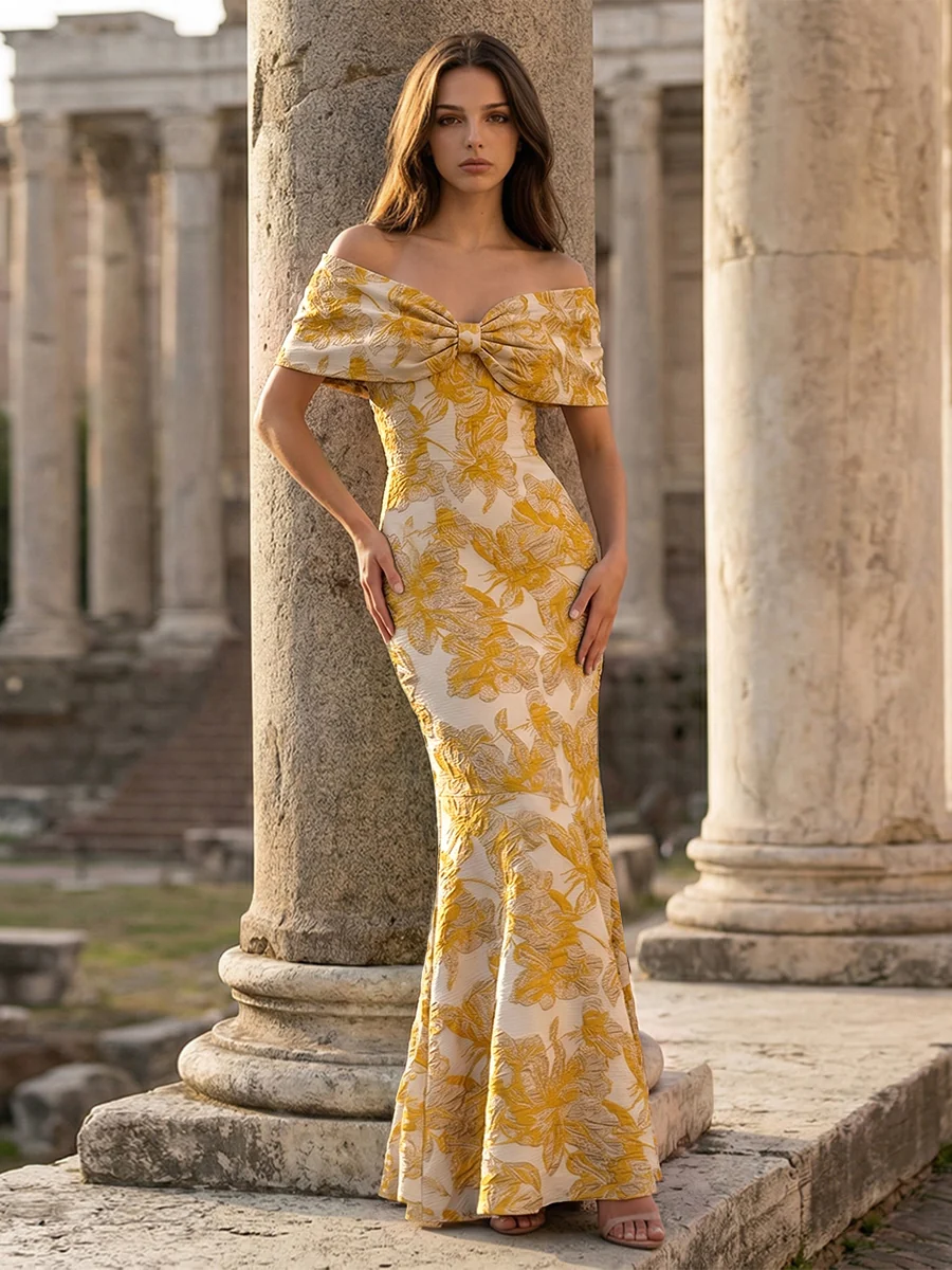 Off-Shoulder Bow Front Jacquard Evening Gown