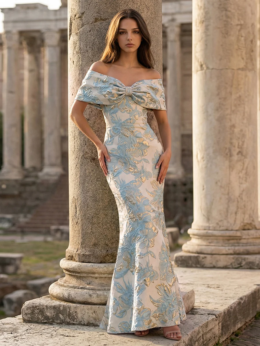 Off-Shoulder Bow Front Jacquard Evening Gown