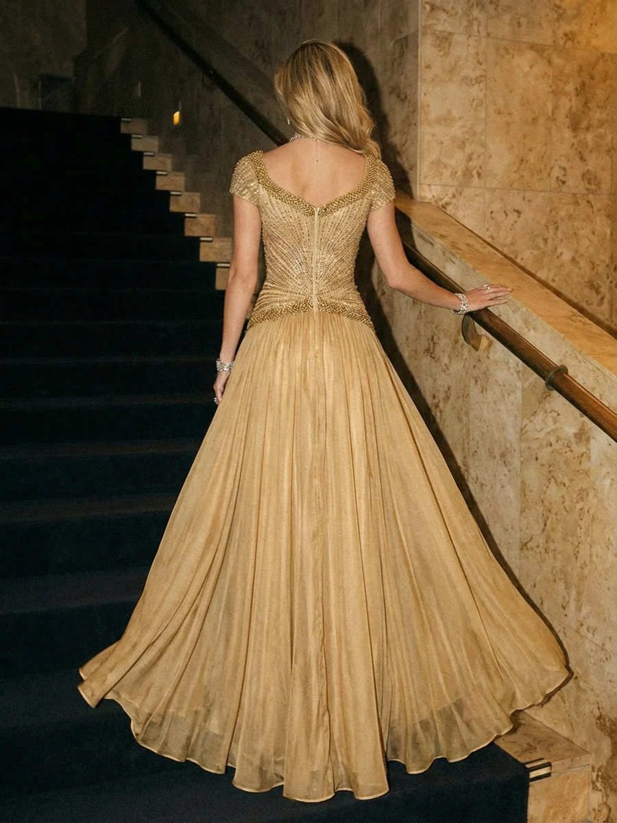 Beaded Scoop Neck Short Sleeve Pleated Maxi Dress