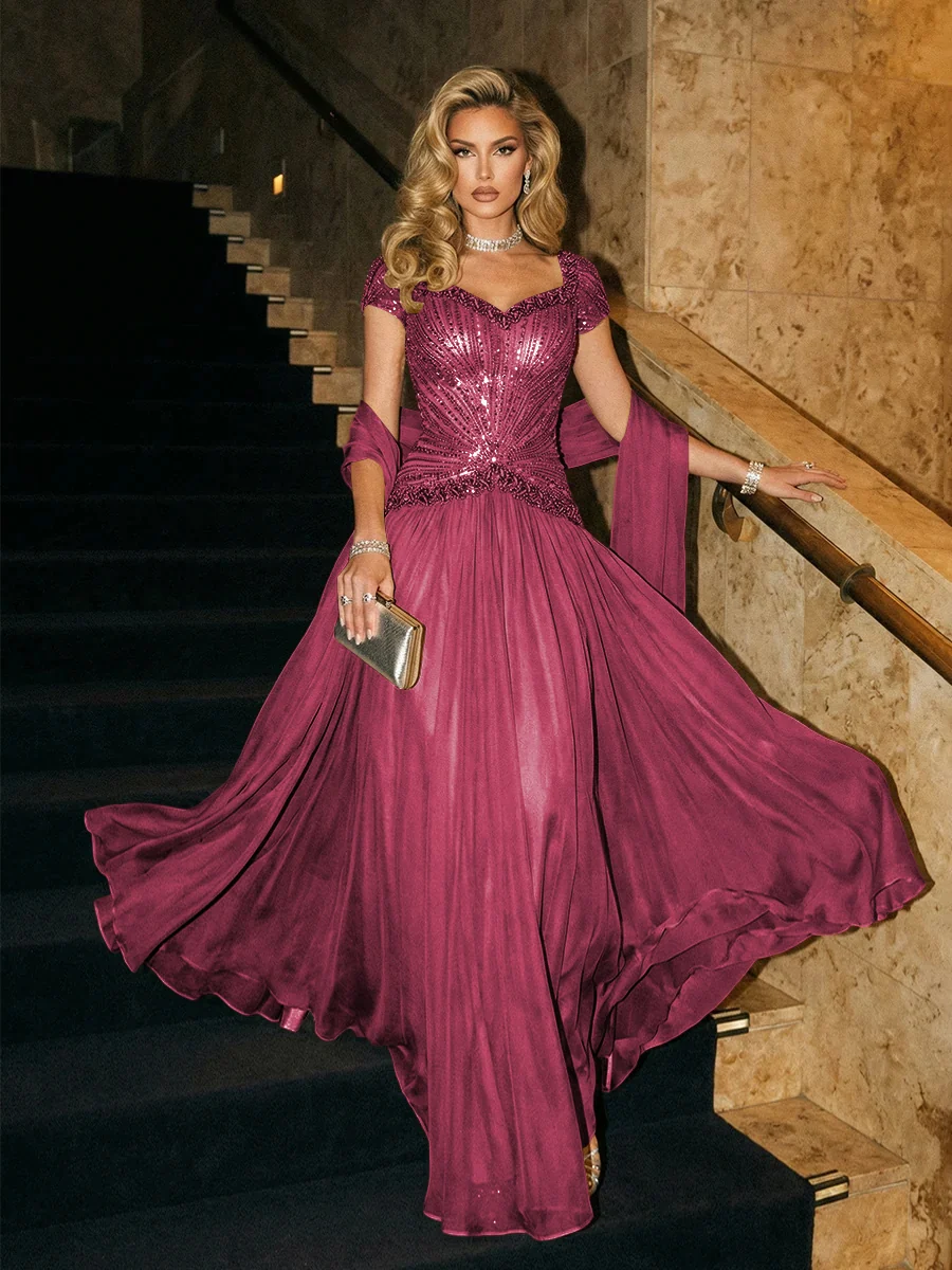Beaded Scoop Neck Short Sleeve Pleated Maxi Dress