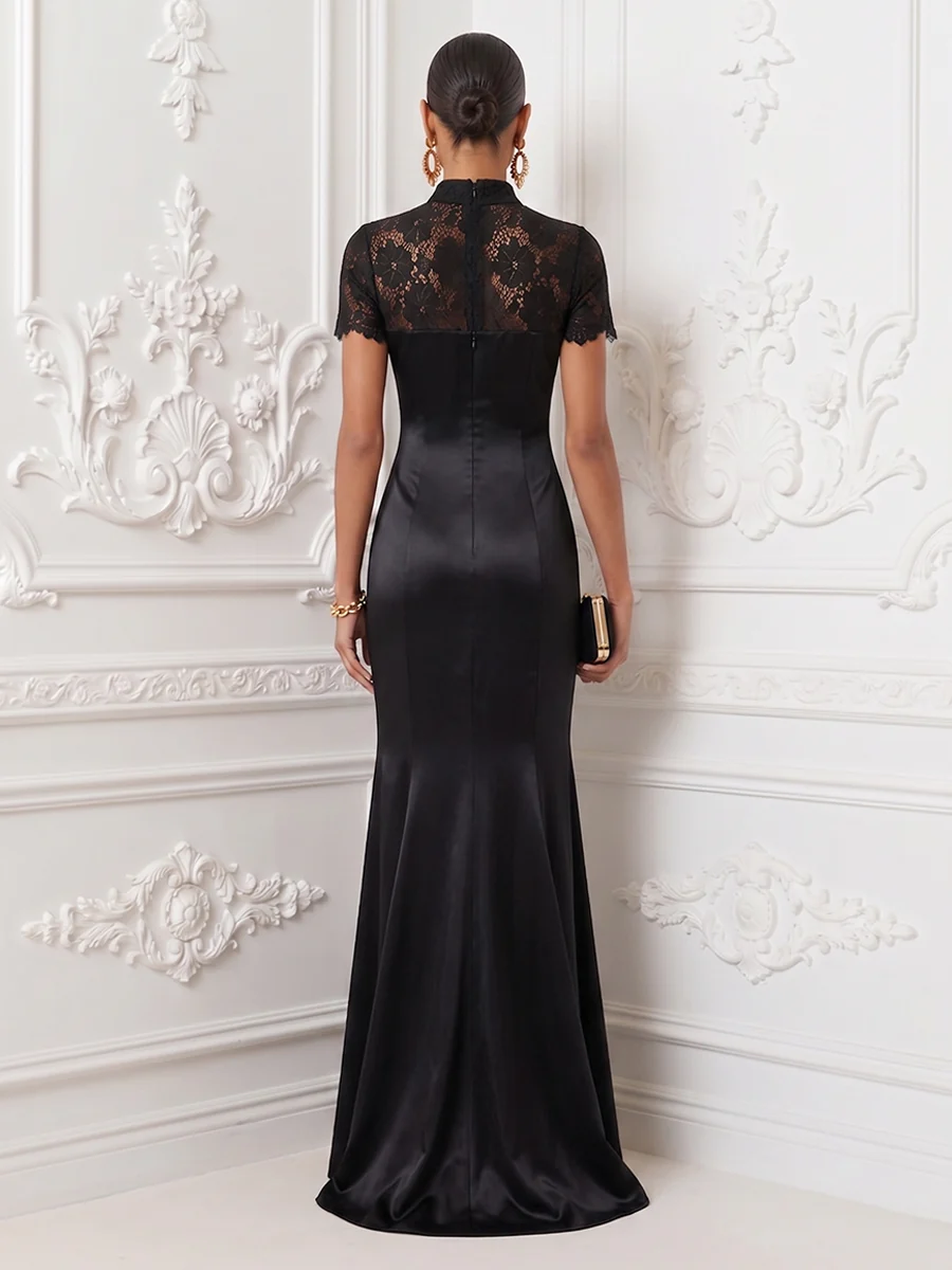 Mock Neck Short Sleeve Lace Patchwork Satin Maxi Dress