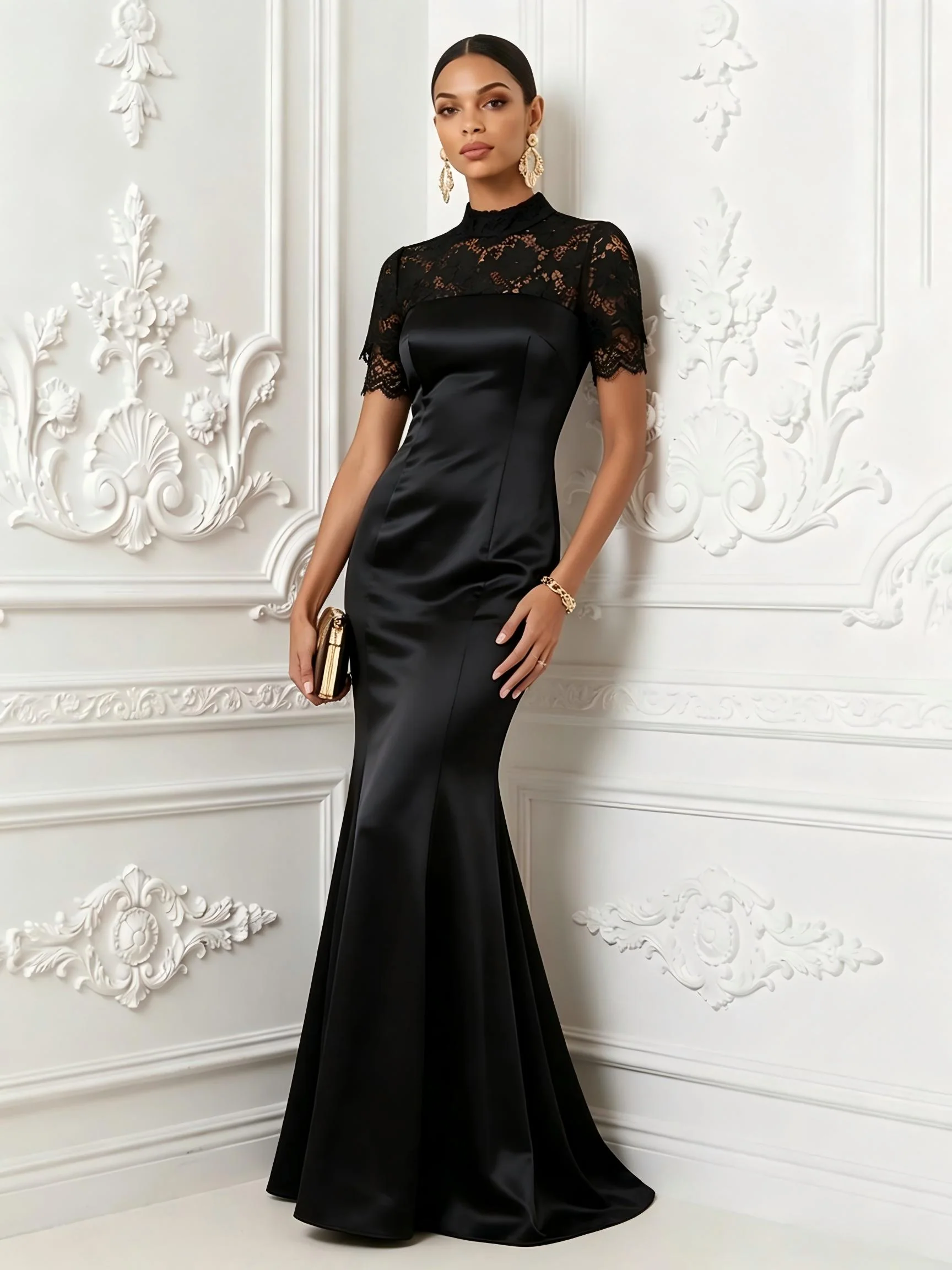 Mock Neck Short Sleeve Lace Patchwork Satin Maxi Dress