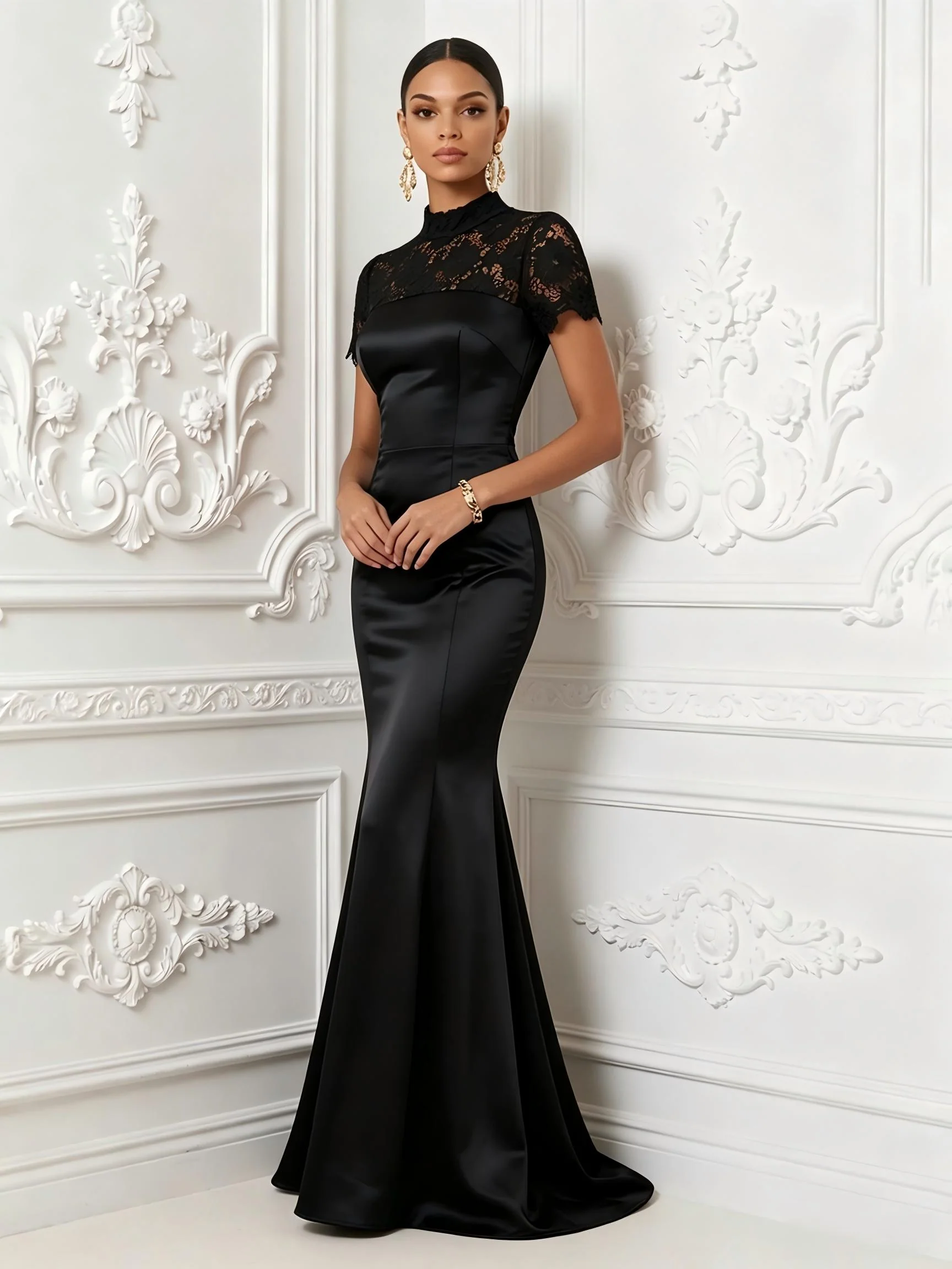 Mock Neck Short Sleeve Lace Patchwork Satin Maxi Dress