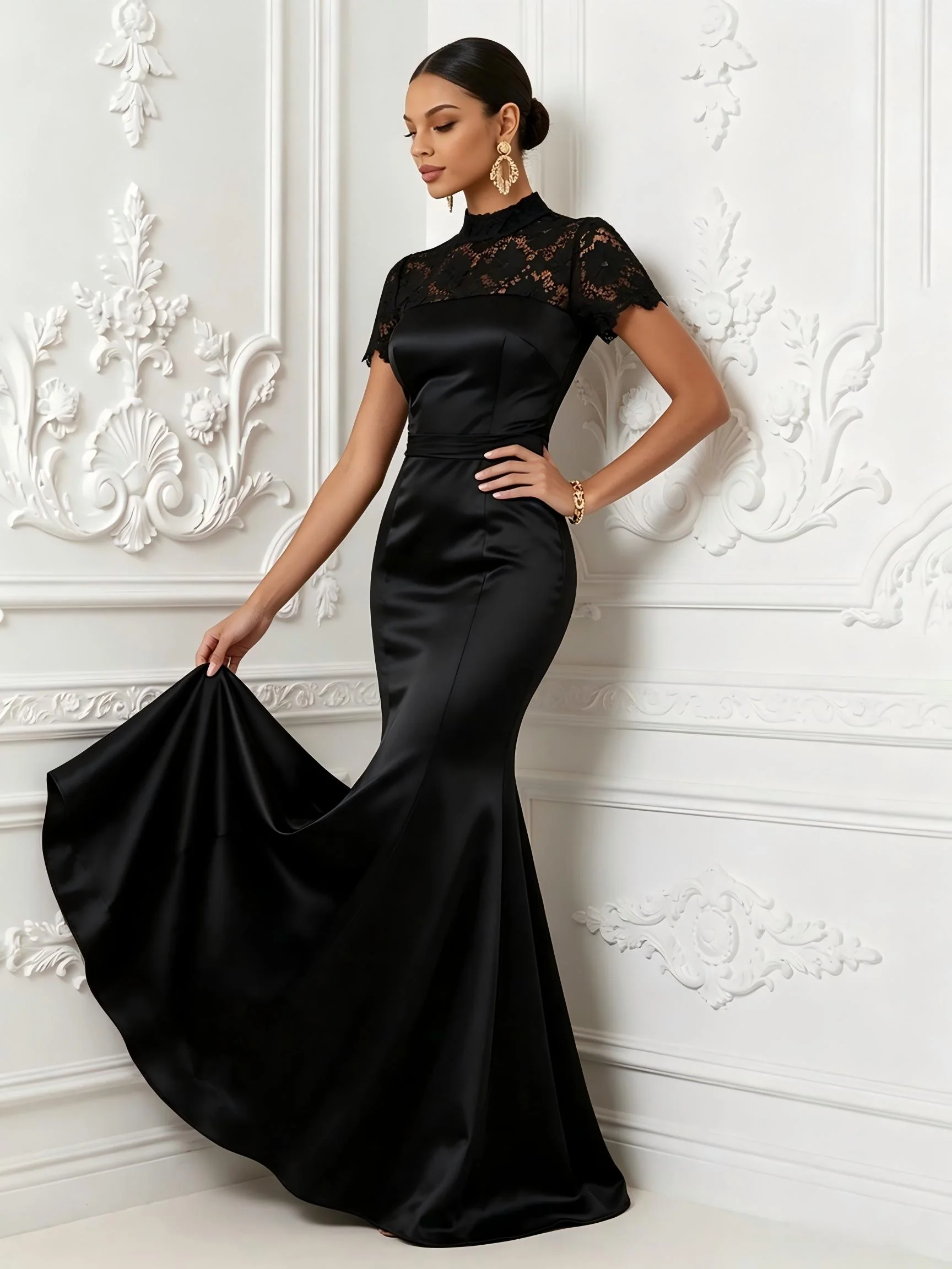 Mock Neck Short Sleeve Lace Patchwork Satin Maxi Dress