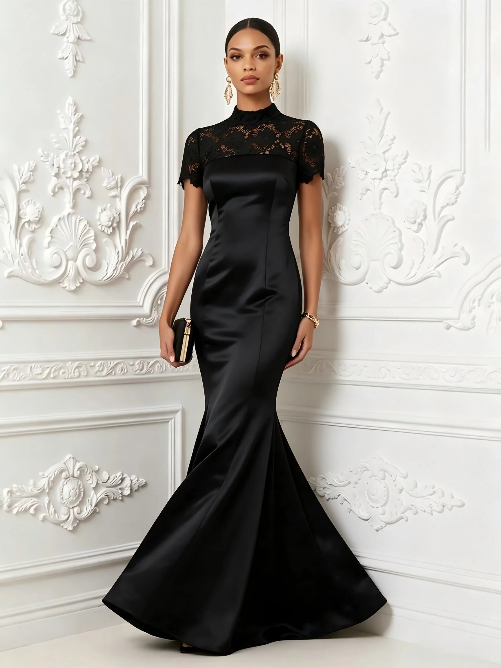 Mock Neck Short Sleeve Lace Patchwork Satin Maxi Dress