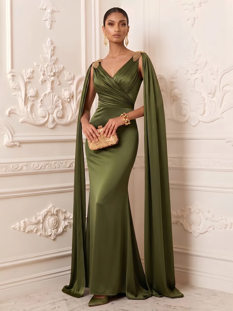 V-Neck Cape Sleeve Satin Evening Gown