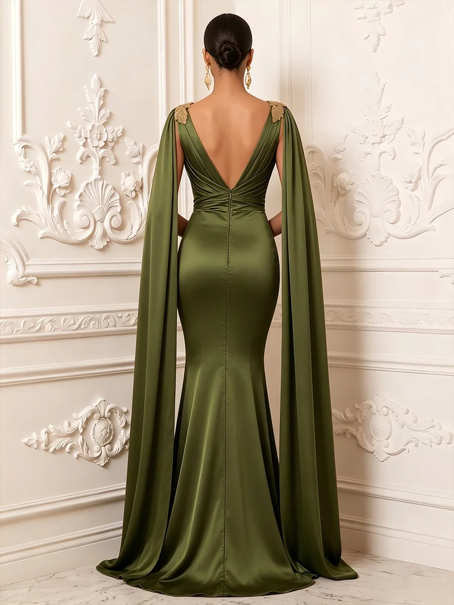 V-Neck Cape Sleeve Satin Evening Gown