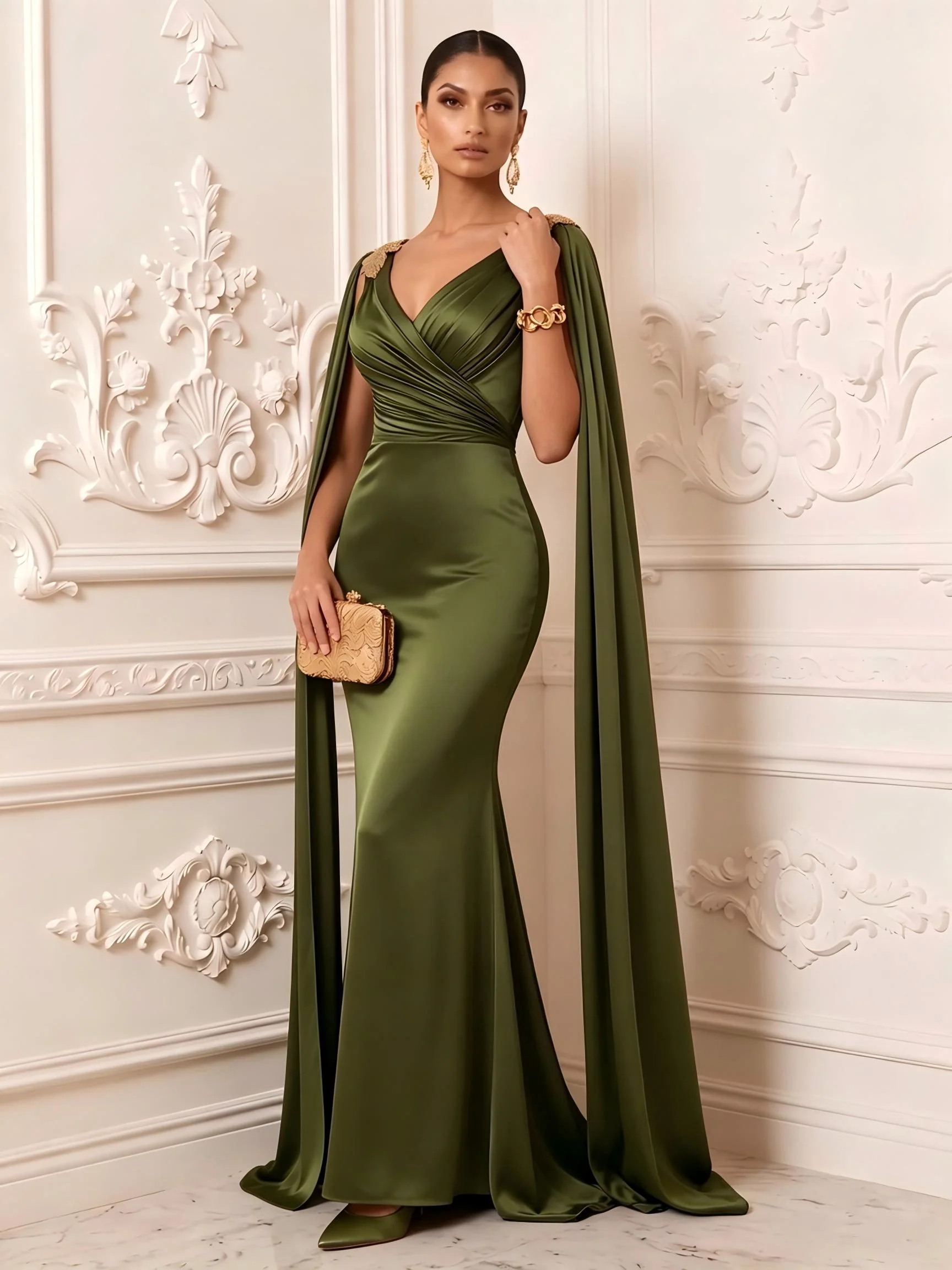 V-Neck Cape Sleeve Satin Evening Gown