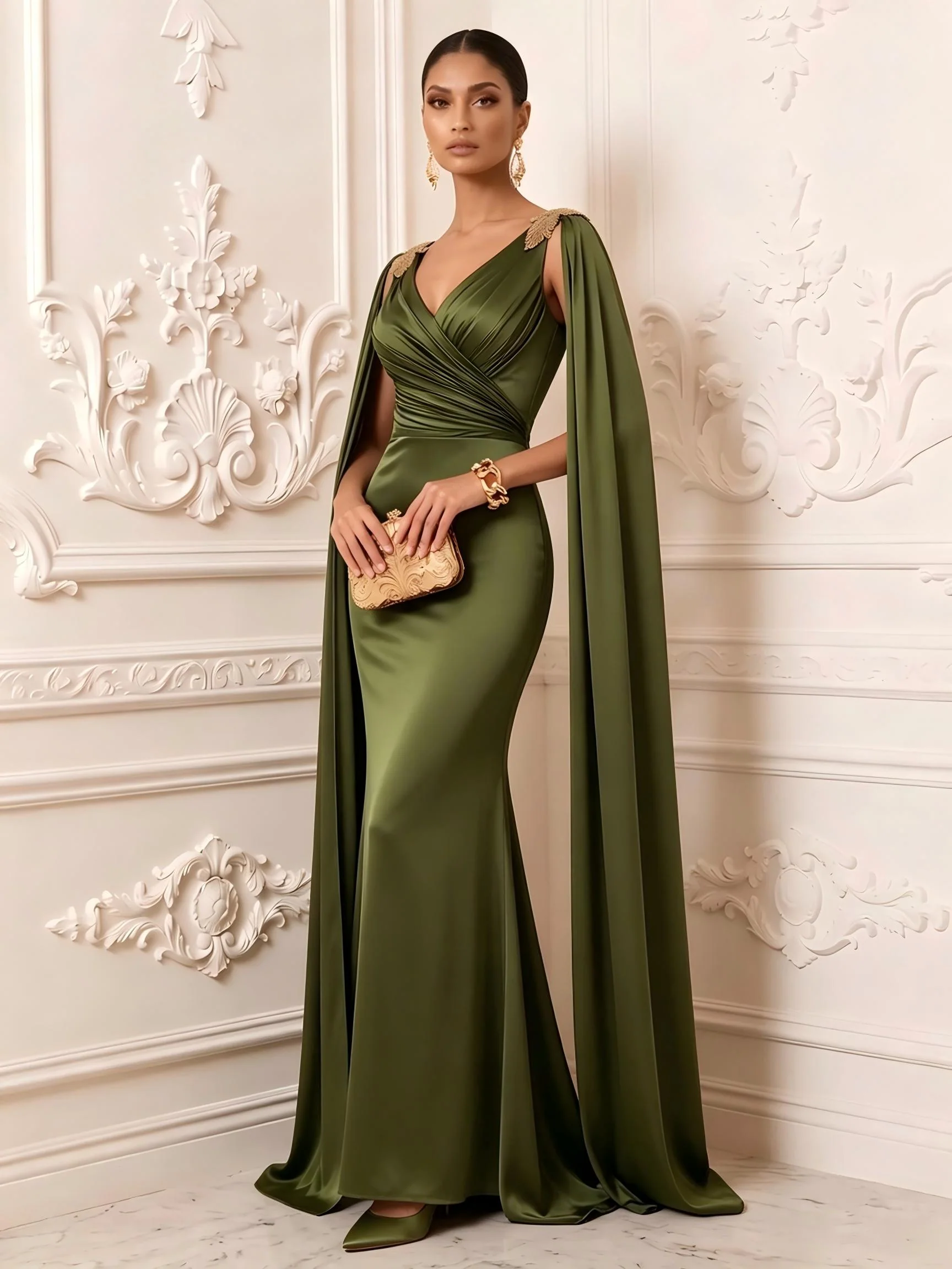 V-Neck Cape Sleeve Satin Evening Gown