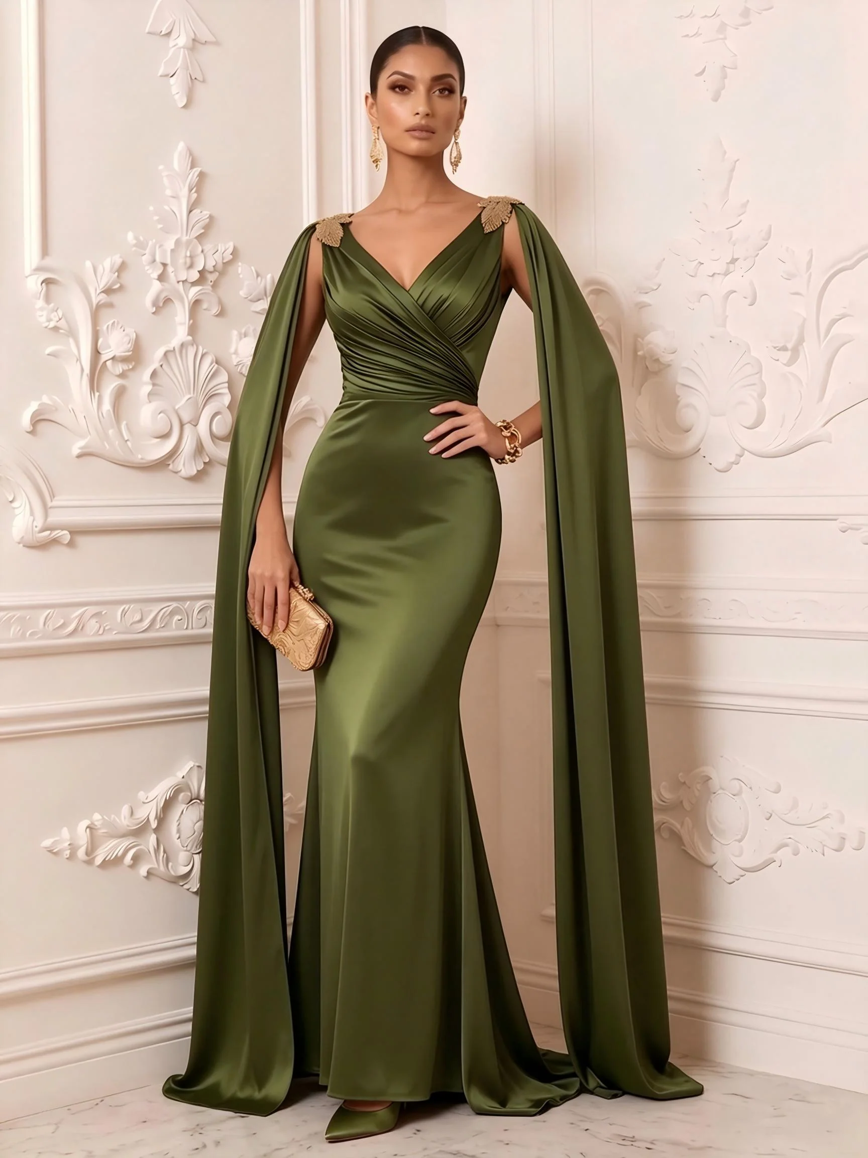 V-Neck Cape Sleeve Satin Evening Gown
