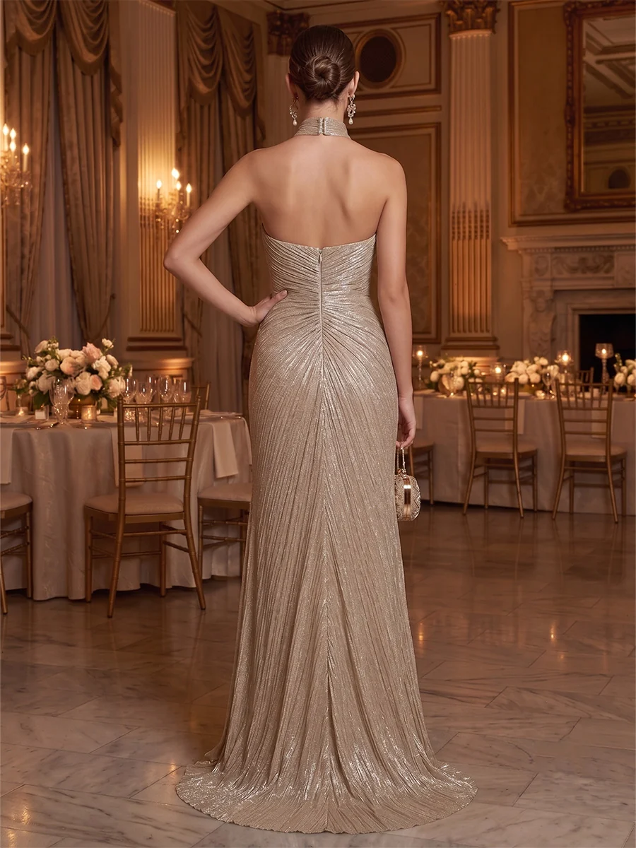 High Neck Sequin Ruched Slit Evening Gown