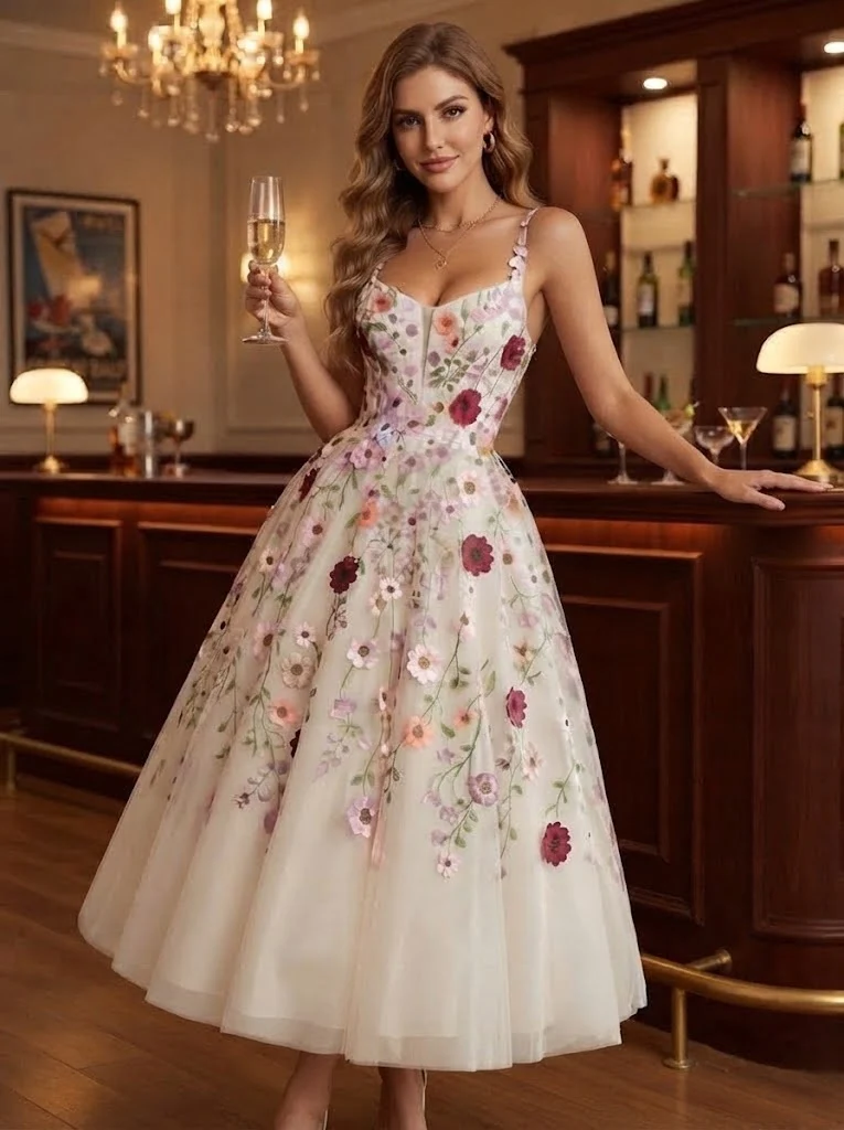 Sweetheart Neckline 3D Floral Applique Midi Tulle Dress