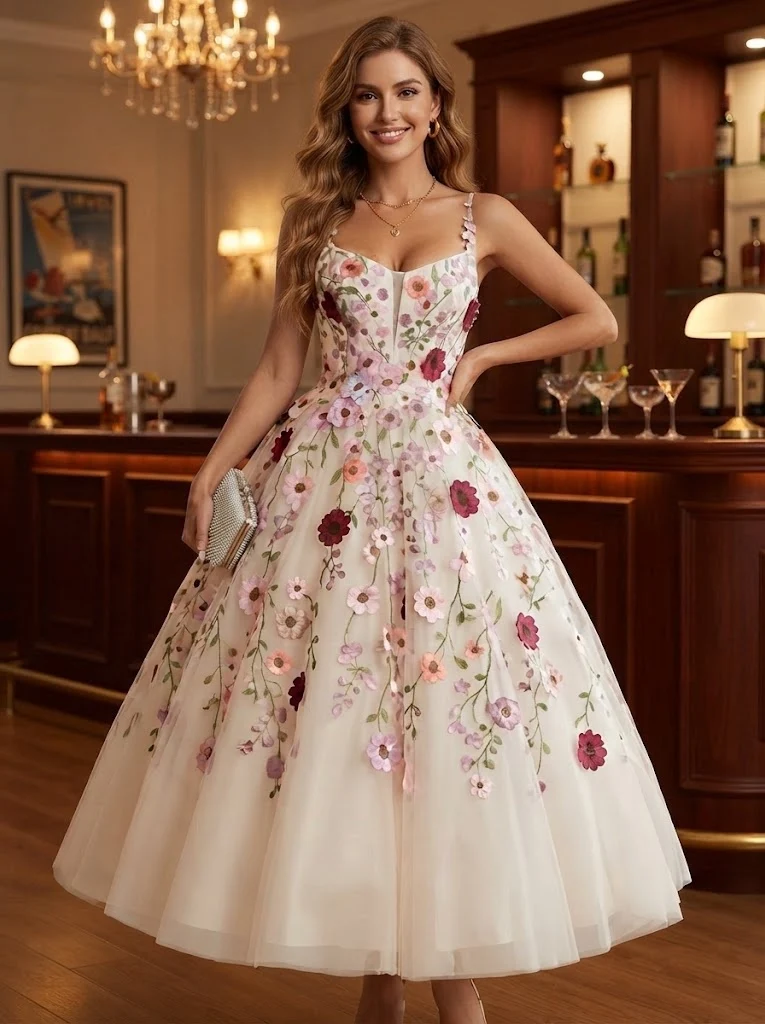 Sweetheart Neckline 3D Floral Applique Midi Tulle Dress